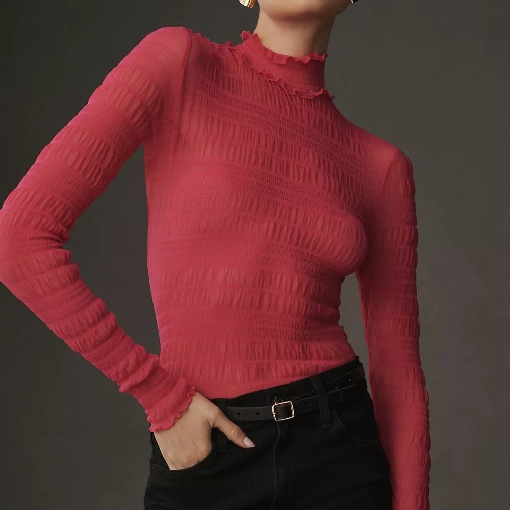 Anthropologie Smocked Pink Mesh Turtleneck Top NWT